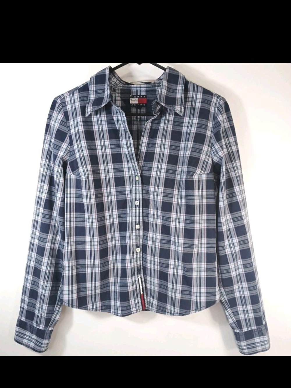 Y2K Tommy Hilfiger Blue and White Plaid Button-Down Shirt